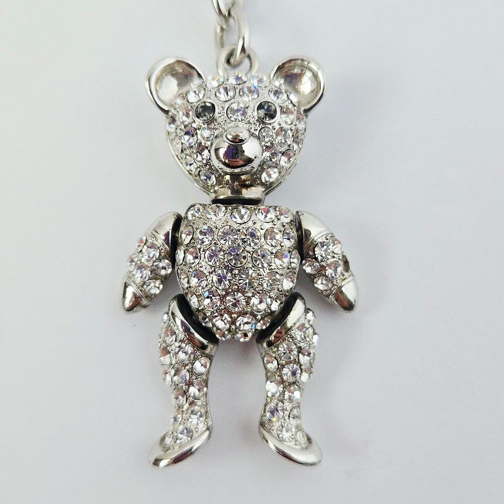 Addison Ross Crystal Silver Teddy Bear Keychain Metal Key Ring Purse Charm BLING
